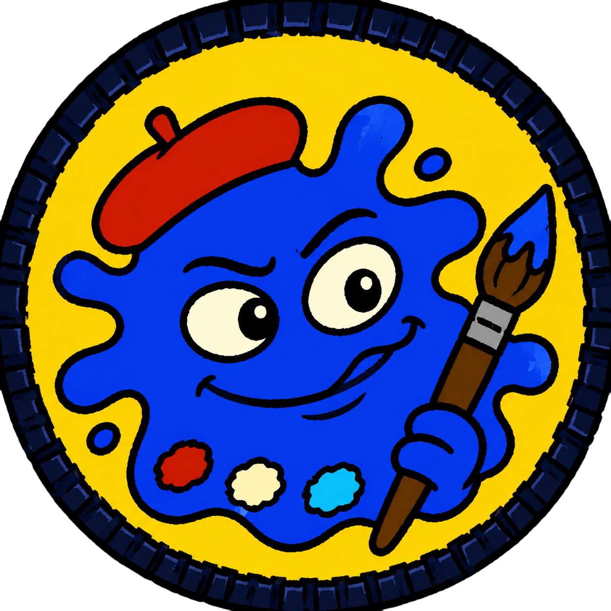 ARTCOIN mascot: a blue paint blob in a red beret holding a paintbrush